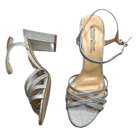 American Glamour Badgley Mischka Silver Heels Sparkly Open Toe GUC SZ 6 - Picture 1 of 11